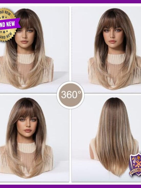 Long Straight Human Hair Wig with Curtain Bangs, Glueless, Lightweight